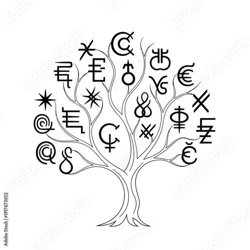 Tree with various currency symbols.