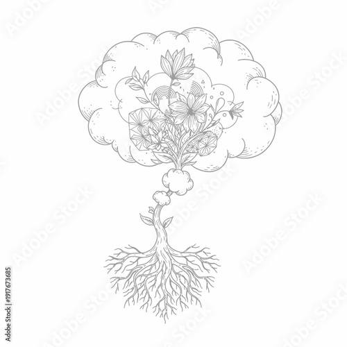 Brain with roots and flowers growing.