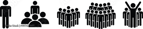 Collection of black human figure icons representing different group sizes people crowd