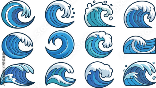 A collection of cartoon ocean wave icons in various shades of blue