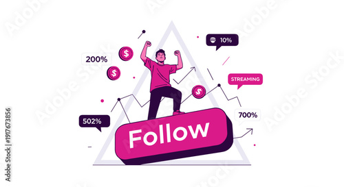 Dynamic illustration of a person celebrating social media success with rising engagement metrics and a prominent 'Follow' button.