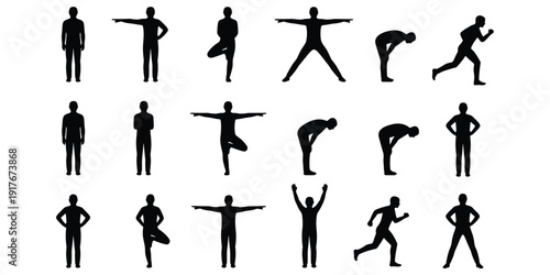 Collection Of Black Human Silhouettes In Various Poses And Actions Keywords: human, silhouette, pose, action, collection, group