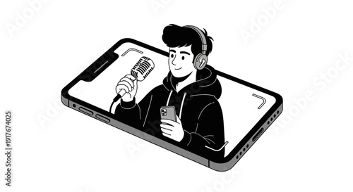 A young man with headphones and a microphone emerges from a smartphone screen, symbolizing modern digital communication and content creation.