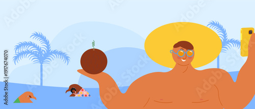 Cheerful flat illustration of a man taking a selfie with a coconut drink while relaxing near water. Bright summer lifestyle concept with tropical elements, perfect for travel promotions, social media 