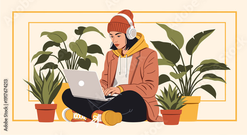 A young woman in a beanie and headphones sits cross-legged, focused on her laptop amidst a vibrant collection of potted houseplants, illustrating a modern, relaxed working environment.