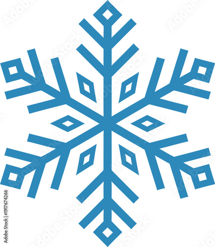 A blue snowflake on a white background with a geometric design