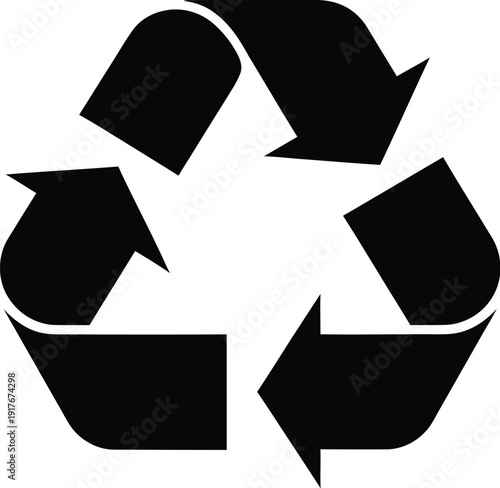 A black recycling symbol on a white background representing eco friendliness