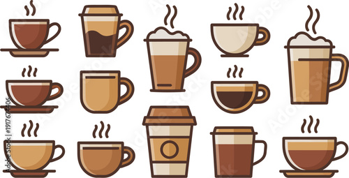 A collection of steaming hot coffee cups and mugs in various styles