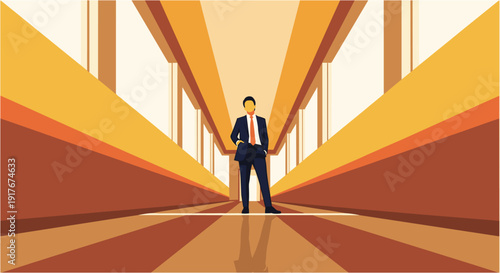 Confident businessman standing in a modern, abstract architectural space, representing success, ambition, and a clear path forward.