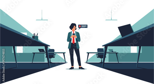 A focused businesswoman stands in a modern, minimalist office setting, actively engaging with her smartphone and receiving a notification.