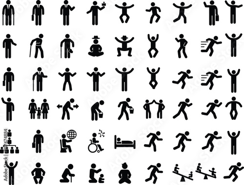 Comprehensive set of black silhouette icons illustrating human actions and situations figure