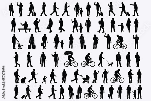 Diverse collection of black human silhouettes engaged in various activities and poses Keywords: silhouette, people, man, woman
