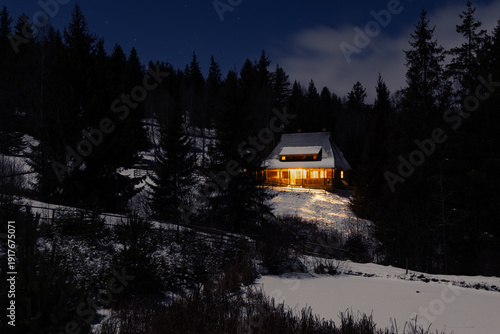 Illuminated wooden cabin in snowy forest at night