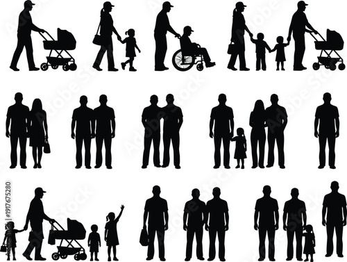 Diverse Family and Individual Silhouettes with Strollers and Wheelchair Keywords: family, people, silhouette, individual, couple