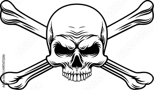 A skull and crossbones pirate crossed bones jolly roger design in a vintage retro woodcut style