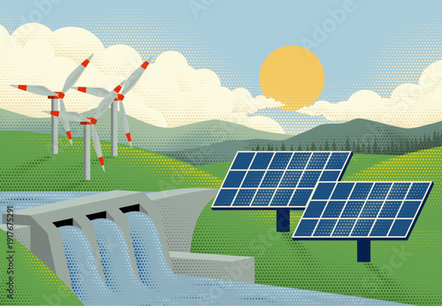 Selection of renewable green environmentally friendly energy power generation mix types. Hydroelectric hydro water electric dam, power plant, solar panels, and wind turbines.