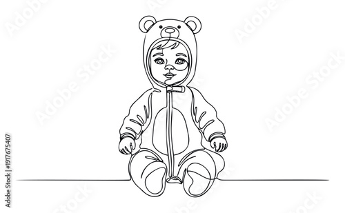 A minimalist line drawing of an adorable baby in a charming bear costume, perfect for childrens books, nursery decor, or baby product advertising