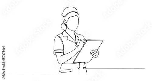 A continuous line drawing of a dedicated healthcare professional or nurse in uniform diligently writing notes on a clipboard, representing medical documentation and patient care for health