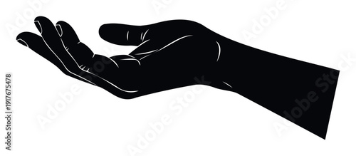 Black silhouette of an open human hand in a welcoming gesture of offering, receiving, or asking for help, perfect for concepts of charity, support, or communication