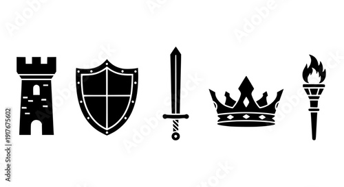 Black and white graphic icons representing medieval fantasy elements including a castle tower, heraldic shield, sharp sword, royal crown, and ancient flaming torch set.
