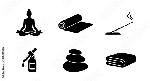 Essential collection of black silhouette icons representing yoga meditation aromatherapy oils stacked stones incense and folded towel for wellness practices