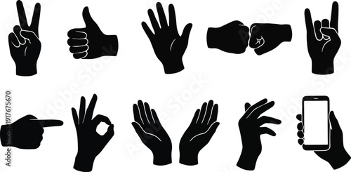   2026 Minimalist Silhouette Hand Gestures Vector Set Black and White Expressive Hand Poses Collection - Thumbs Up, Peace Sign, Fist Bump, and Smartphone Hold for Social Media Icons, App Interfaces 