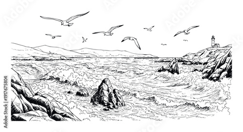 Dynamic ocean waves crashing against rugged coastal rocks with a distant lighthouse and flying seagulls, perfect for maritime themes, travel publications, or natureinspired graphic projects