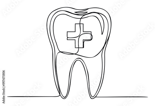 Simple single line drawing of a healthy human tooth with a medical cross symbolizing dental health and oral care perfect for healthcare clinic promotions or dentistry service advertisements.