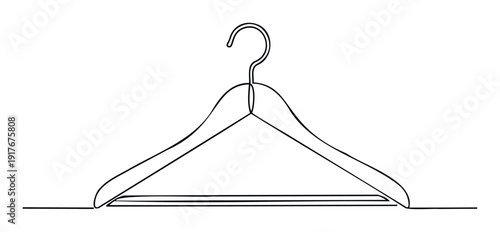 Simple clothes hanger drawn in a minimalist one line style suitable for retail promotions, fashion industry branding, or wardrobe organization themes.