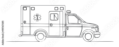 Continuous line drawing of an ambulance, a key symbol of emergency medical services and patient transport, excellent for healthcare campaigns, medical education, and public awareness.