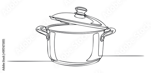 Single continuous line drawing of a classic kitchen cooking pot with a partially open lid, useful for culinary themed publications, food preparation guides, or kitchenware product