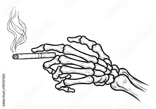 A skeletal hand firmly grips a lit cigarette with smoke curling upwards, suitable for campaigns warning against smoking, Halloween decorations, or gothic themed designs.