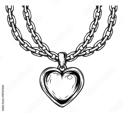 A graphic black and white depiction of a heart locket pendant connected to three strong metal chains symbolizing love, connection, and resilience for romantic themes or edgy merchandise.