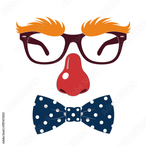 Red Nose Comedy Disguise Featuring Quirky Orange Hair Stylish Dark Spectacles and a Blue Polka Dot Bow Tie