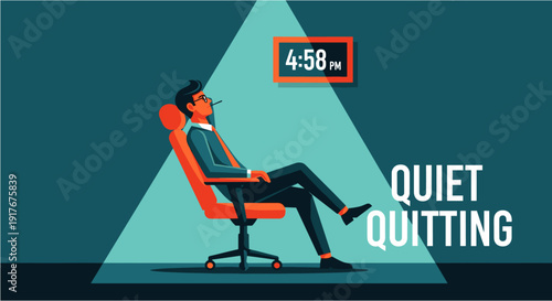 A man in an office chair is quietly quitting his job, watching the clock tick towards the end of the workday, symbolizing a shift in work ethic and employee engagement.
