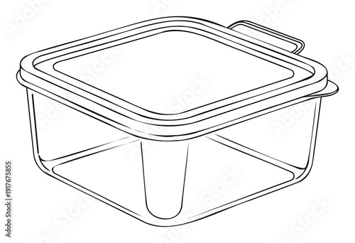 Monochromatic line depiction of a square food storage container with a secure lid and convenient handle, ideal for product presentations, kitchenware catalogs, and household utility