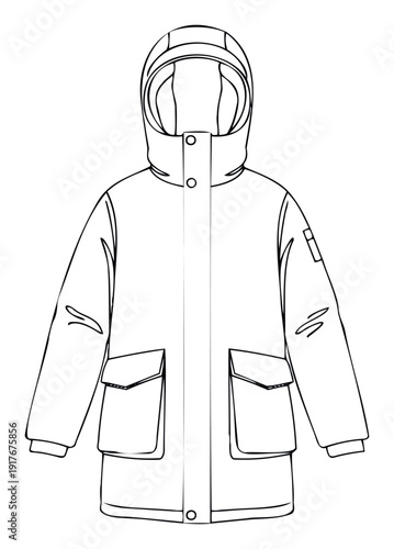 Technical outline drawing of a warm hooded parka jacket suitable for winter apparel product catalogs and garment manufacturing specifications