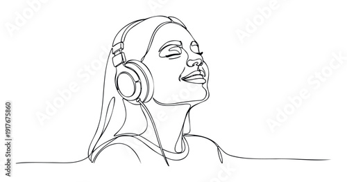 Woman wearing headphones with eyes closed enjoying music and relaxed expression perfect for promoting audio products or tranquil listening experiences