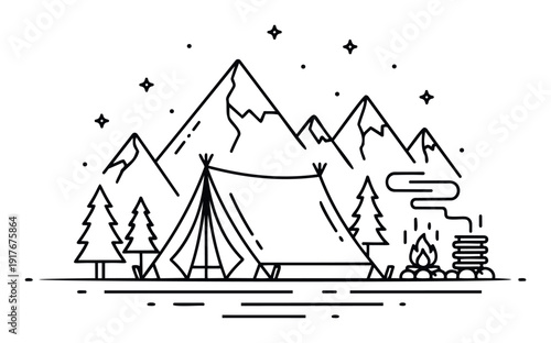 A peaceful camping scene featuring a classic tent, pine trees, and majestic mountains under a starry night sky with a warm crackling campfire, perfect for outdoor adventure, travel,