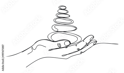 Continuous line drawing depicting a human hand gently balancing a stable stack of zen stones, perfect for health, wellness, mindfulness, and spiritual branding or educational materials