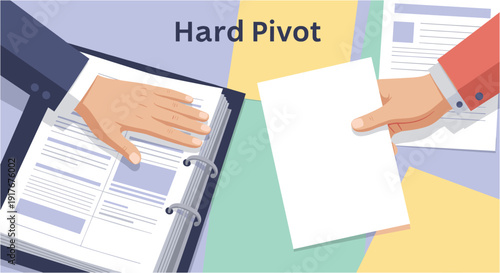 A detailed illustration depicting two business professionals exchanging documents, symbolizing a significant strategic shift or 'Hard Pivot' in a corporate environment.