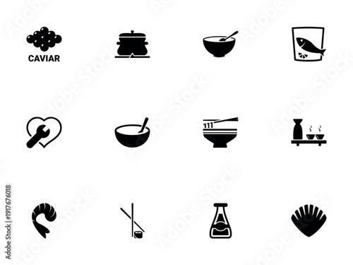 Set of Black Silhouette Icons Featuring Seafood and Asian Culinary Elements