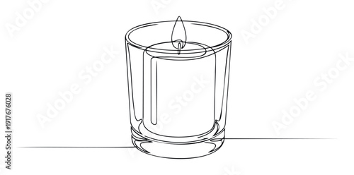 Elegant continuous line drawing of a burning candle in a clear glass holder providing a serene and calming atmosphere for home decor, wellness, or mindful living projects.