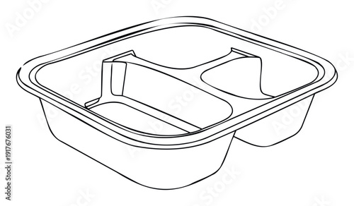 Outline drawing of a plastic food container with two compartments, perfect for meal preparation, food storage, or catering services product packaging visuals