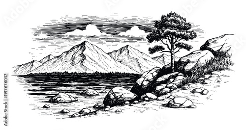 Monochrome hand drawn mountain landscape depicting a serene lake with majestic peaks and a prominent tree on a rocky shore, ideal for outdoor publications or rustic themed product packaging.