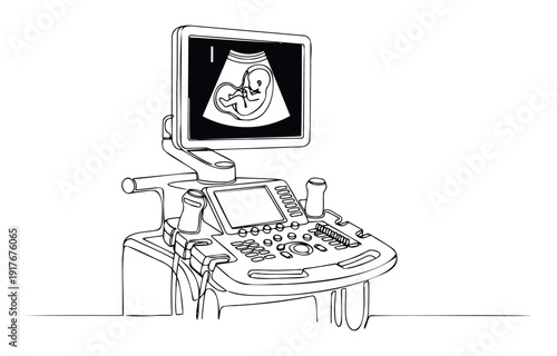 This medical ultrasound machine with a screen showing a detailed fetal scan is perfect for healthcare publications, educational materials, and prenatal care promotions