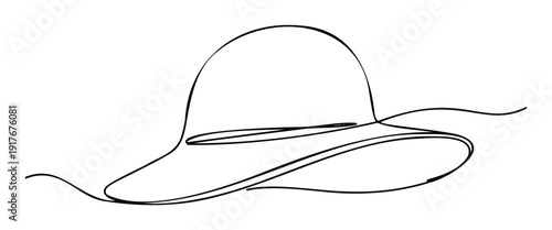 Elegant continuous line drawing of a stylish widebrimmed sun hat, ideal for capturing summer apparel trends, beach resort accessories, and travel vacation themes.