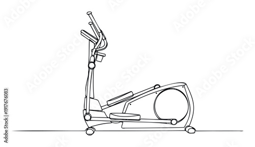 A minimalist line drawing depicts a modern elliptical crosstrainer exercise machine, perfect for health and fitness content, workout guides, or gym equipment advertisements.