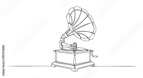 A continuous line drawing of an oldfashioned gramophone with a large flared horn and a hand crank, perfect for music history projects, vintage media promotions, or historical event