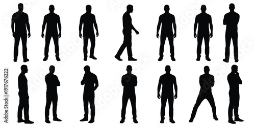 Diverse Male Silhouettes Showing Different Poses and Actions on White Background Keywords: man, male, silhouette, person, people